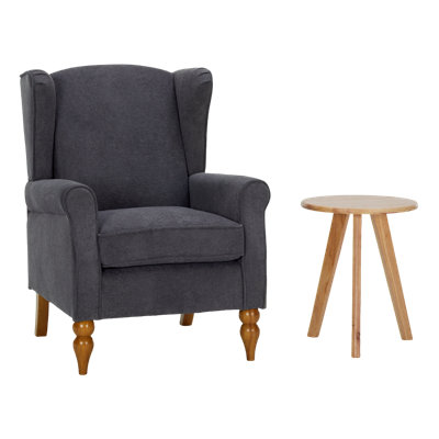 Vintage Reading Chair & Solid Wood Coffee Table Set - Antique Dark Grey High Back Armchair With Natural Wood Side Table For Living Room