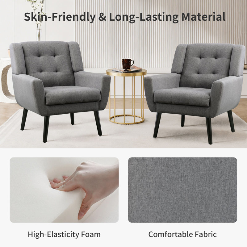 Tufted Upholstered Wide Back Armchair（Set of 2）, Light Gray Linen Blend