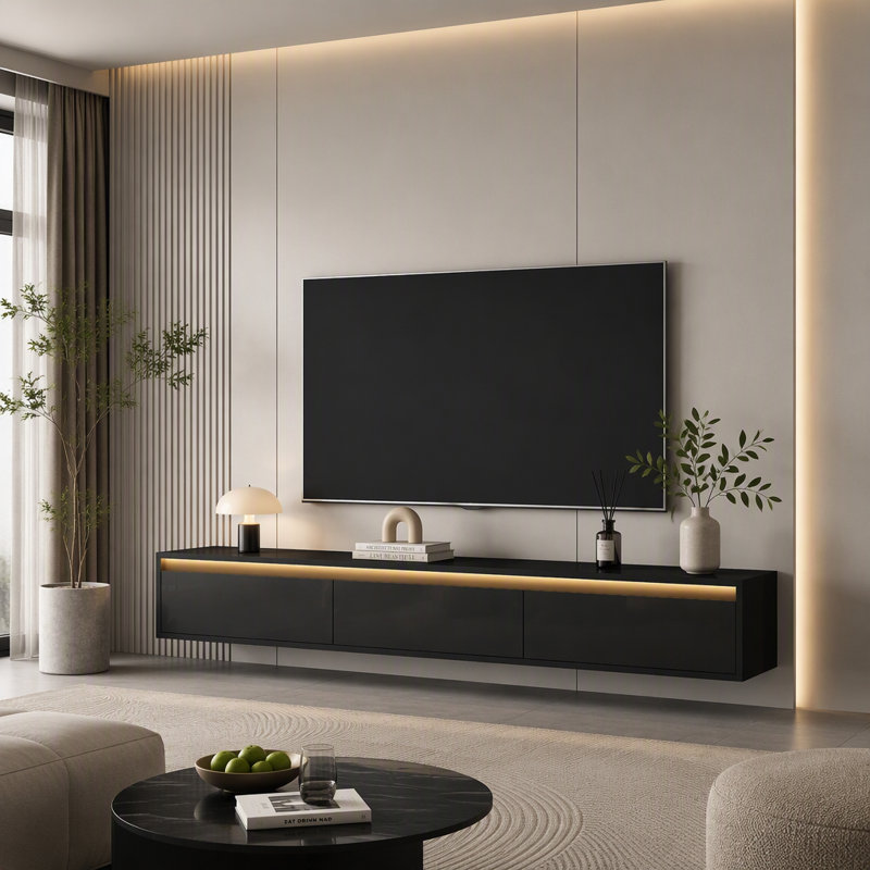 Meuble télé flottant, étagère murale avec lumières DEL et prise de courant