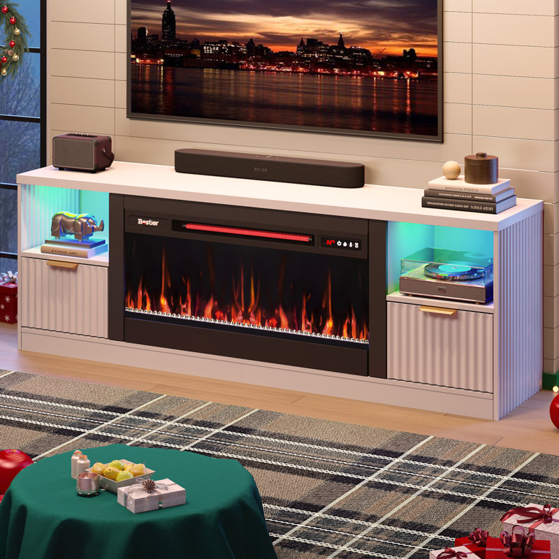 White Modern Fluted Fireplace TV Stand with Gold Handles