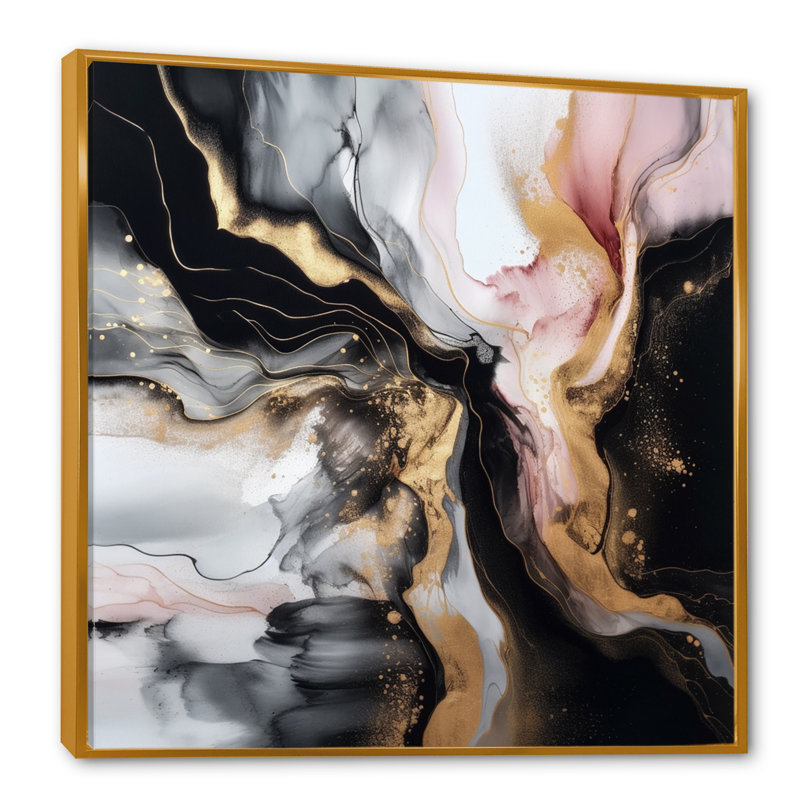 «Black Gold Marble Splash I», art mural abstrait en marbre, H 30 po x l 30 po x P 1 po, Toile avec cadre flottant or