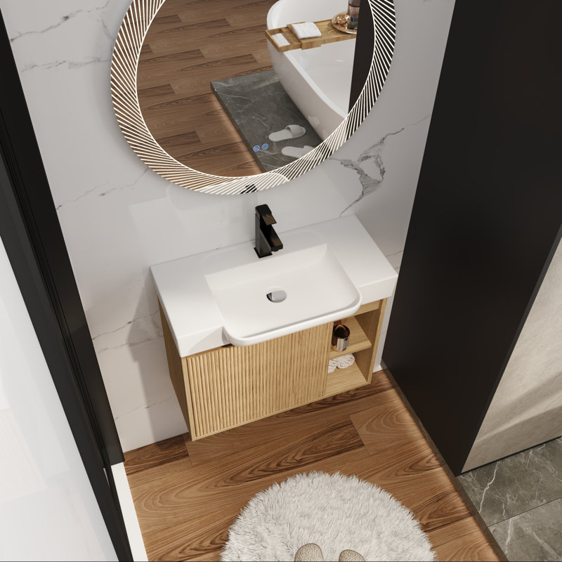 Meuble-lavabo suspendu avec lavabo en céramique blanche et porte à fermeture en douceur, 28"