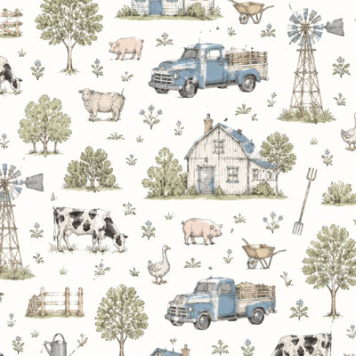 Peel and Stick Wallpaper Vintage Farm Themed Toile Windmills Rural Scenery Blue Contact Paper Removable Self Adhesive Wall Mural Wall Decor for Bedroom Kitchen Cabinets 24in x 118in