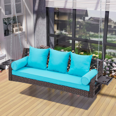 Balancelle 3 places, balancelle de patio en osier avec porte-gobelets et 3 coussins de dossier, balançoire de jardin avec chaînes pour terrasse sur le jardin, rotin de ruppie brune, coussin bleu paon, 56 po