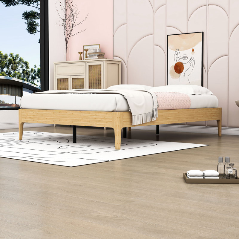 Bamboo Platform Bed with Metal Support and Underbed Storage, Natural, Queen