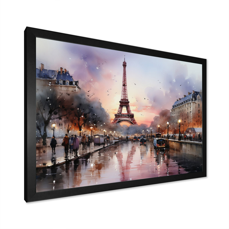 «Pink Twilight Rendezvous In Paris III» - Art mural, parcs d'attractions, H 16 po x l 32 po x P 1 po, Cadre simple noir
