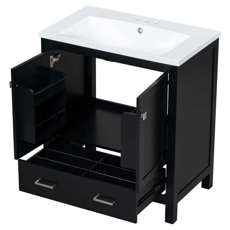 Meuble-lavabo de 30 po avec lavabo simple, meuble-lavabo encastré, armoire de rangement avec 2 portes et un tiroir, fermeture en douceur, rangement multifonctionnel, structure en bois massif
