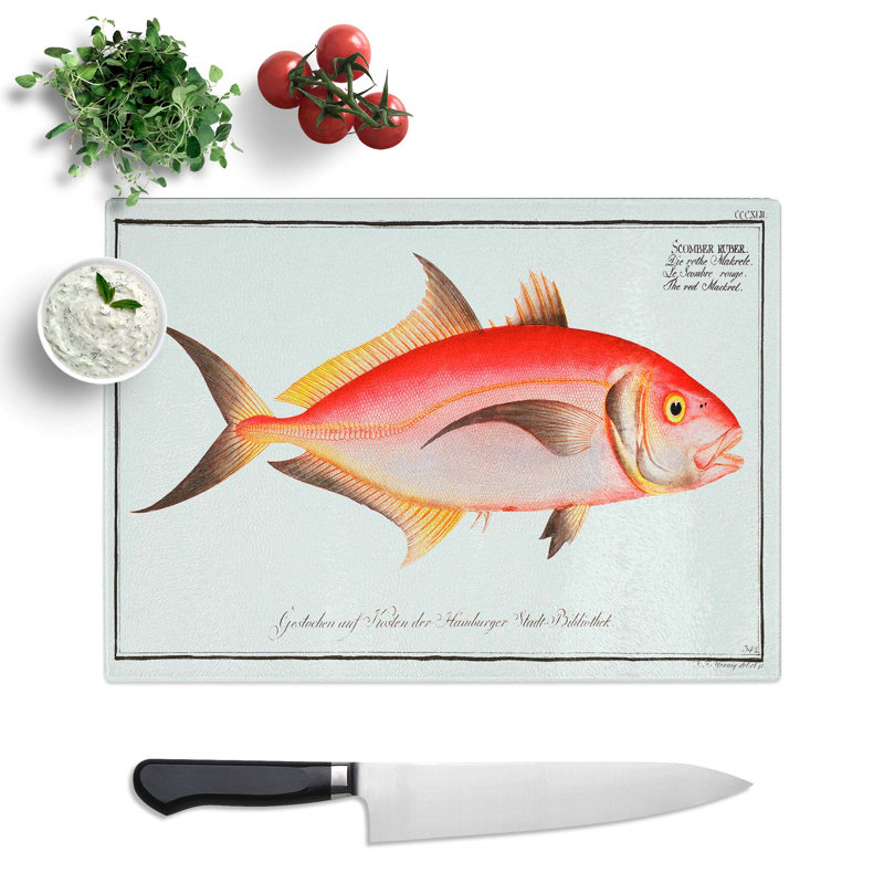 Tempered Glass Red Mackerel Fish by M.E. Bloch Chopping Board, 28.5 cm x 20 cm