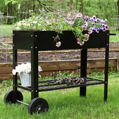 Leia Galvanized Steel Raised Garden Bed Cart with Wheels - Black