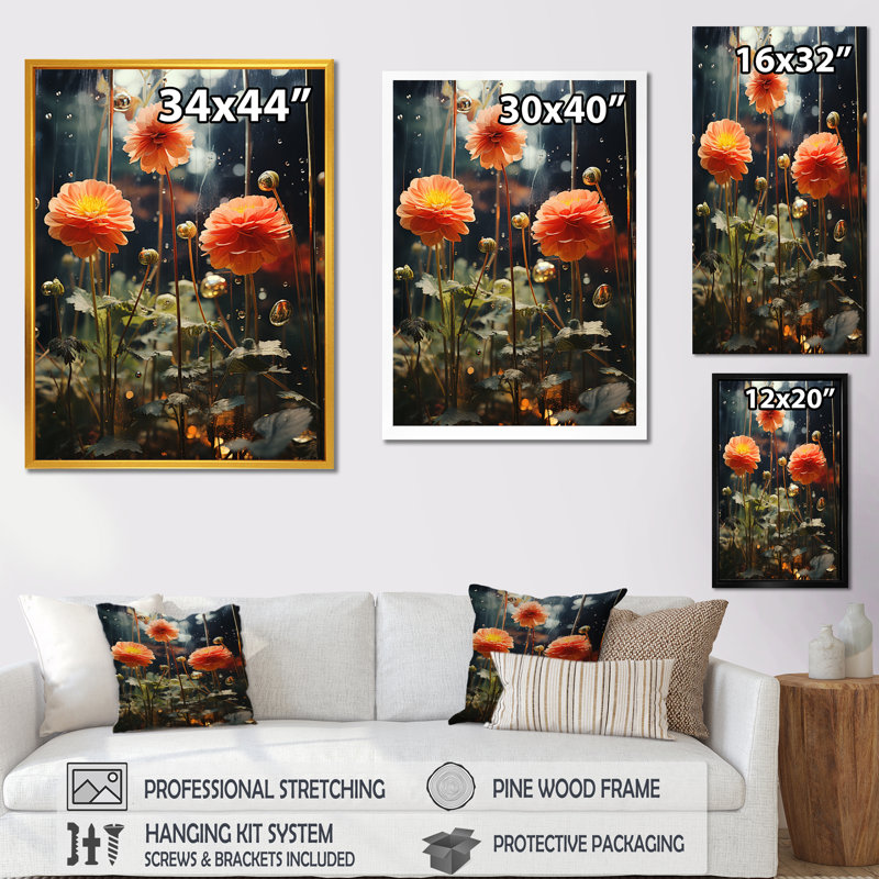 "Fleurs de zinnias orange et vertes", Cadre flottant blanc, H 20 po x l 12 po x P 1 po