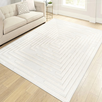 Tapis rayé crème 236 x 305 cm, moderne, pour chambre, cuisine et salon. Ne perd pas ses poils, facile à nettoyer, idéal pour les animaux et les espaces contemporains. Motif à rayures géométriques. Doux et résistant aux taches.