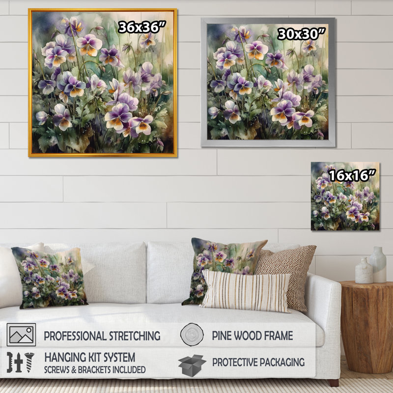 Pétunias florissants mauves sur toile, Cadre photo noir, H 16 po x l 16 po x P 1 po