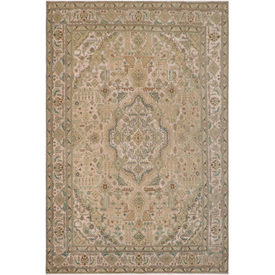 Tapis oriental brun clair / vert en laine noué à la main 9 pi 4 po x 12 pi Django