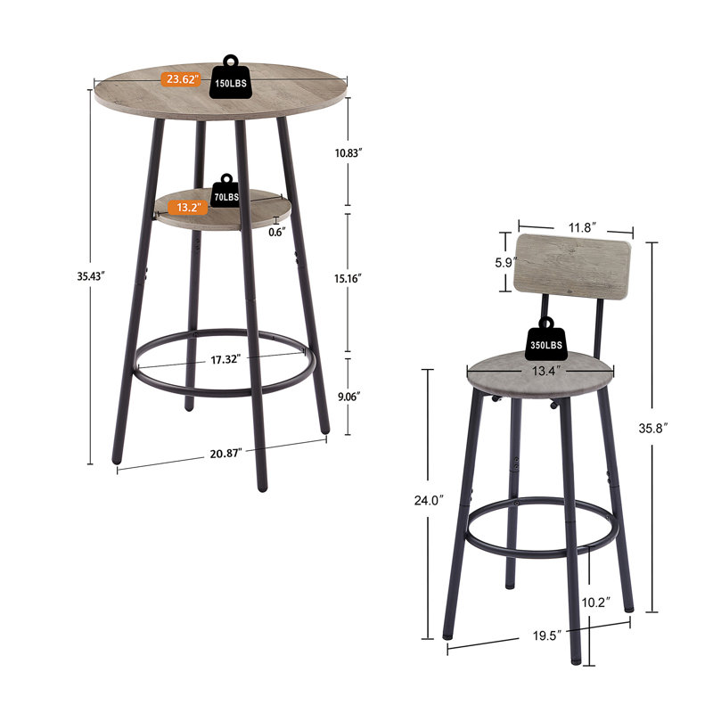 Round Bar Stool Set With Shelf, Upholstered Stool With Backrest,23.62'' W X 23.62'' D X 35.43'' H, Grey, Grey
