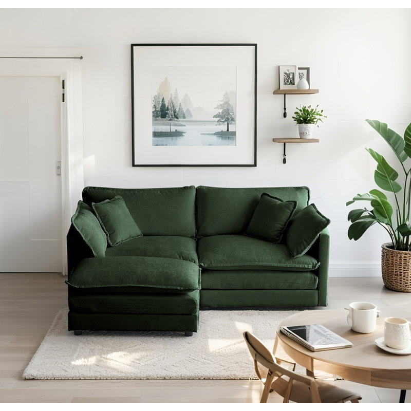 Green Chenille Two-Seater Sofa With L-Shaped Sectional