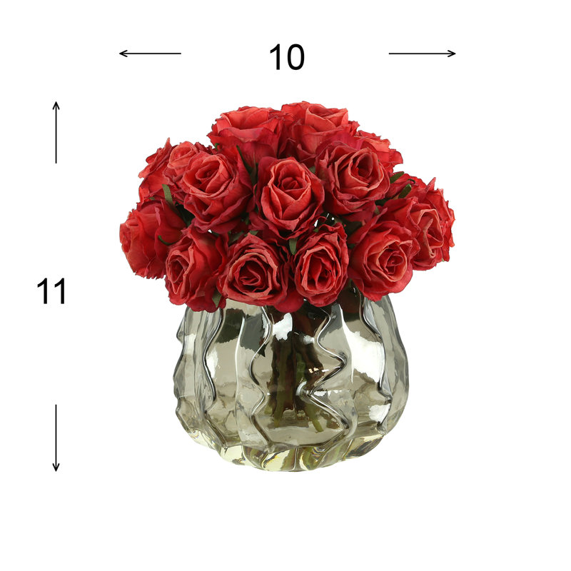 Dried Rose Arrangement in Wavy Glass Vase, Red, Gray