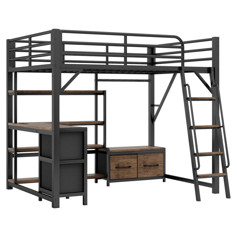 Lit mezzanine double avec bureau et lumière, lit mezzanine en métal avec tablettes de rangement, garde-robe et tiroirs pour garçons, date d’arrivée prévue le 2025/7/26
