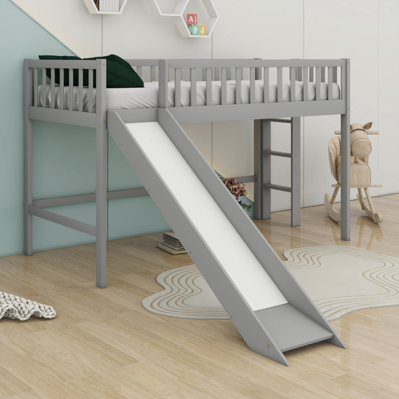 Twin Size Loft Bed With Ladder & Slide, Loftbeds With Safety Rails,Wood Twin Low Loft Bed With Storage Space, Gray