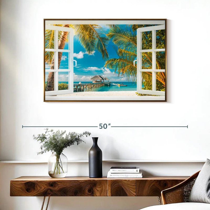 Faux scène de fenêtre, Cadre flottant doré, 37 po x 25 po