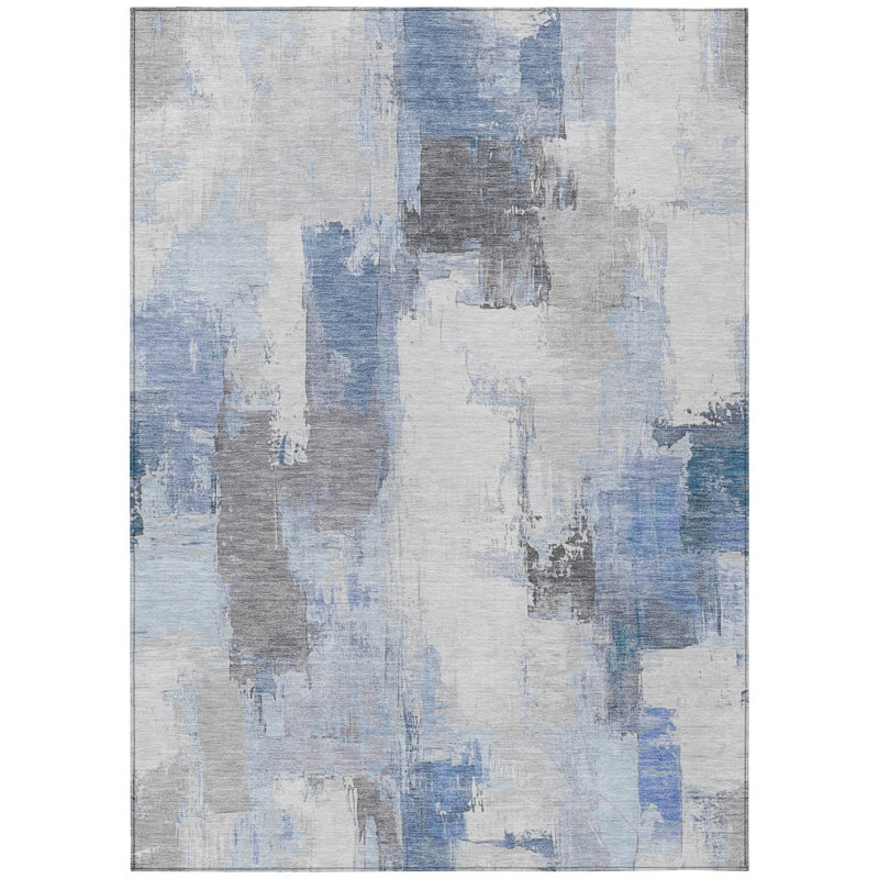 Machine Washable Indoor/Outdoor Xhevrie Denim Rug, Rectangle 10' x 14'