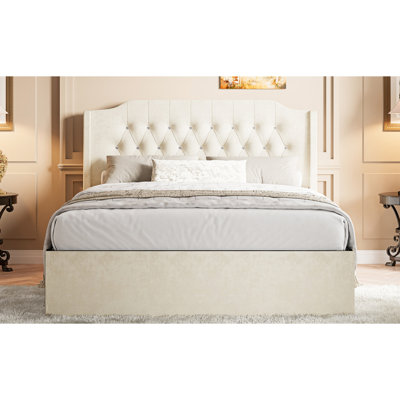Grand lit rose avec revêtement, boutons en cristal, tête de lit à oreilles et rangement rembourré de grande taille, rangement pour utilisateur, rosé