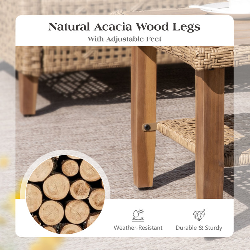 Outdoor Wicker Patio Conversation Furniture Set With Acacia Wood Coffee Table, Beige, 3 Pcs: Table, Bench, Sectional