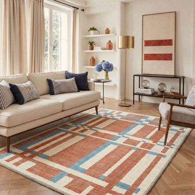 Platonix Geometric Machine Washable Beige / Orange / Blue Indoor Area Rug with Non-Slip Backing