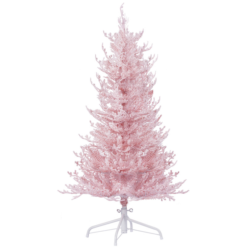 Arbre de Noël rose 4 pi avec flocage de 4 pi, arbre de Noël artificiel à pointe en PE et PVC 472, 8 modes d'éclairage ignifuge rose à 150 lumières DEL, conception à charnière, interrupteur à pédale pour la décoration de bureau personnel
