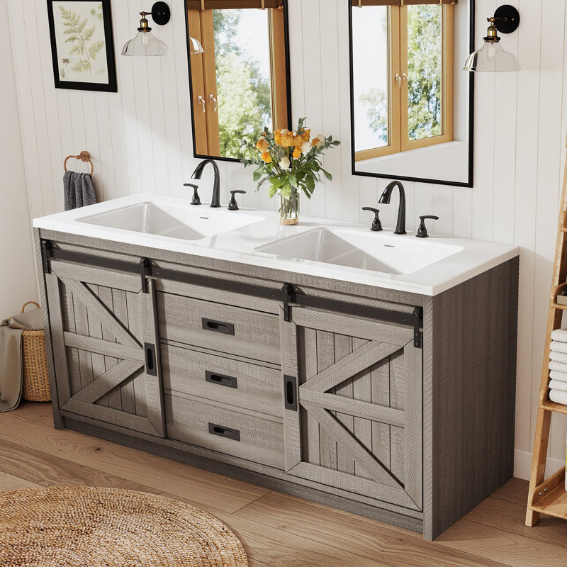 Chimira 2-Drawer 2-Door Manufactured Wood Double Sink Bathroom Vanity, 33.7" H x 60" W x 21.7" D, Light Grey