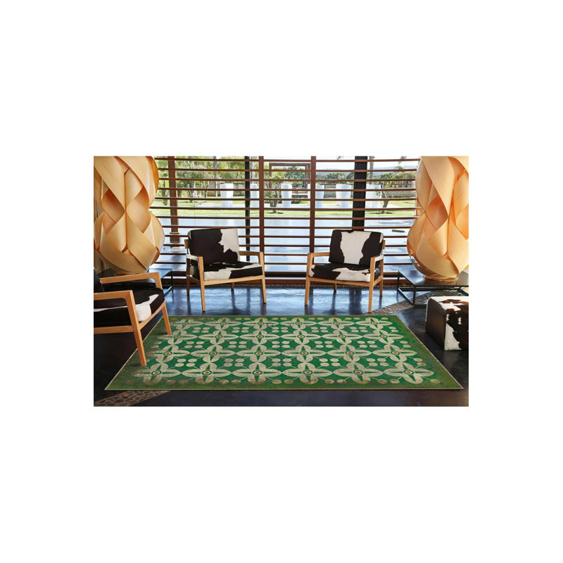 Green Cream Floral Diamond Patterned Traditional Woven Base Washable Carpet, Rectangle 5' x 9'11"