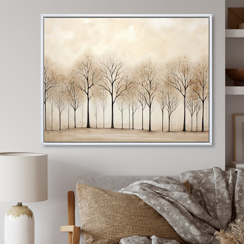 Harmonous, arbre beige, art V - arbres, art mural, Cadre flottant blanc, 12" H x 20" W