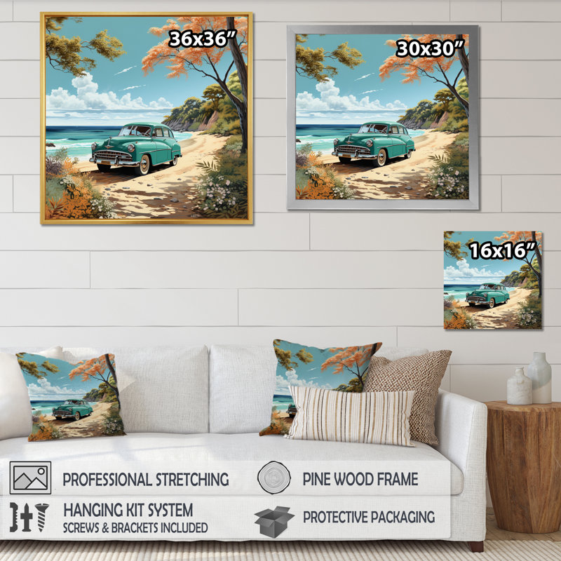 Vintage Oldtimer Classic Turquoise Car Beachside sur impression sur toile, H 24 po x l 24 po x P 1 po, Cadre simple noir