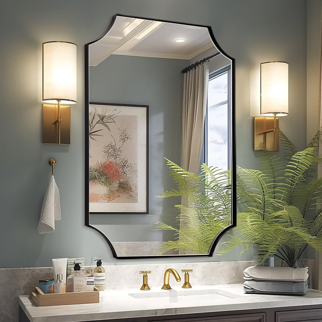 Tariro Contemporary Notched Corner Scalloped Rectangle Bathroom Wall Mirror | Stainless Steel Frame Winston Porter 