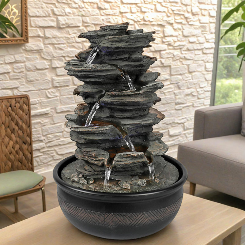Fontaine de table avec fontaine et cascades avec lumière blanche à DEL Feng Shui Fontaine de table avec pompe automatique