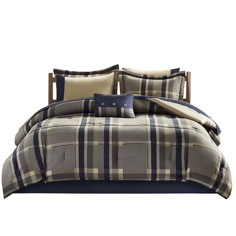 Édredon et coussin confortable à carreaux simples TG - Motif taupe bleu marine avec coussins