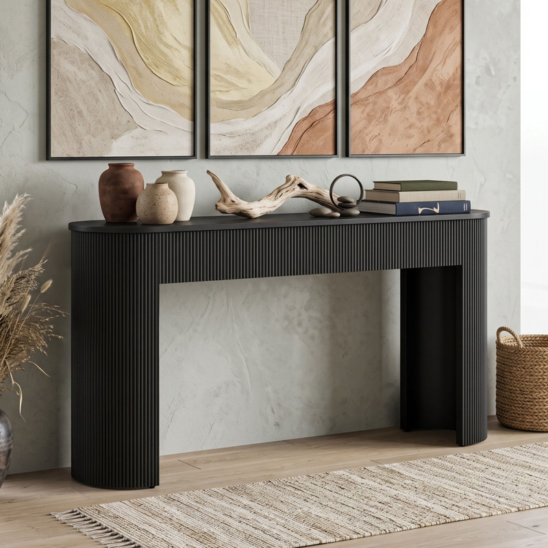 Console moderne cannelée avec tiroirs dissimulés, table d'entrée ovale avec pattes en forme de colonne incurvée, Noir