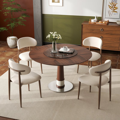 Ensemble de table de salle à manger rond et rétro, table de cuisine de ferme avec chaises paresseuses et chaises en lin, ensemble de salle à manger moderne pour petits espaces avec sièges en tissu beige pour appartement, salle à manger