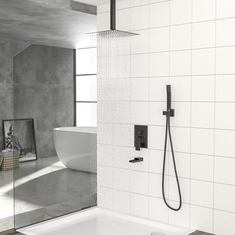 Douche carrée de 16 pouces à fixation au plafond, bec de baignoire en cascade, système de douche à jet de pluie à 3 fonctions avec douchette au plafond, tête de pluie, finition équilibrée