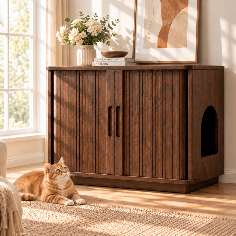 Meuble de rangement pour bac à litière pour chat de 80 cm (31,5 po), avec porte coulissante à tambour et bac à litière dissimulé