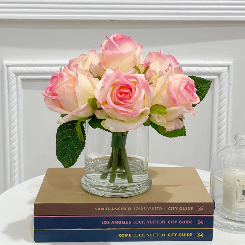 Real Touch Roses Arrangement In Glass Vase, Pink