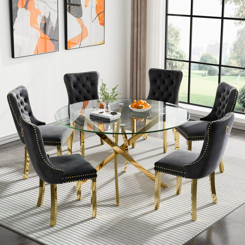 47.24" Gold Glass Dining Table Set, Modern Dining Room Table Set, Gold X-Shape Pedestal Glass DiningTable with Dining Chairs, Kitchen Dining Set for Dining Living Room