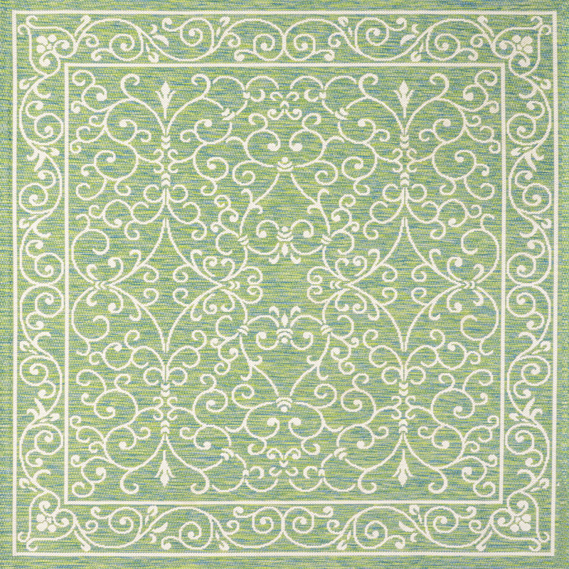 Debbe Vintage Filigree Textured Weave Green/Ivory Indoor/Outdoor Rug, Square 5'3"