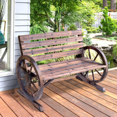 2-Person Carbonized Fir Wood Wagon Wheel Bench – Rustic Outdoor Patio Furniture With Backrest, 550Lbs Capacity For Garden/Patio