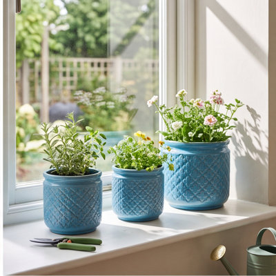 Ensemble de pots de fleurs en céramique fait à la main de 3, 15/12/9 pouces de diamètre, motif géométrique bleu antique, jardinières intérieures / extérieures respirantes pour orchidées