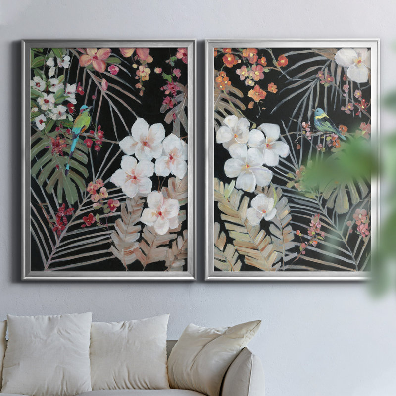 Tropical Midnight I - ensemble de 2 reproductions d'art, H 22,5 po x l 61 po x P 1,5 po, Toile avec cadre argenté