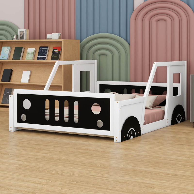 Lit plateforme en bois pour voiture, lit double classique en forme de voiture avec roues et support à lattes, Blanc