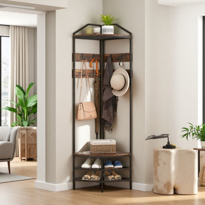 Coat Rack Corner Hall Tree, Industrial 4-Tier Coat Rack With Shoe Storage, 8 Movable Hooks And 2 Shelves