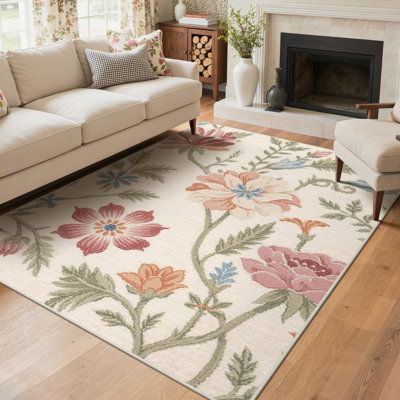 Clermont Beige / Pink Floral Machine Washable Non-Slip Area Rug