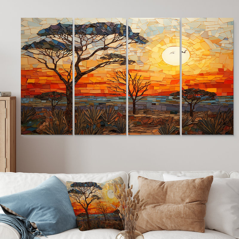 Savannah Sunset in African Safari Hues I - Boho Mosaic, art mural 4 pièces, H 28 po x l 48 po