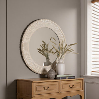 Morris Round Beaded-Framed Accent Mirror In White Finish, 31.98" H X 31.98" W X 1.29" D